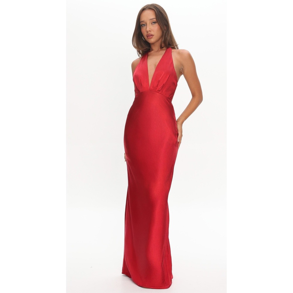 Angel Biba Of Your Dreams Maxi Dress Women Medium Red NWT Satin Halter Gown